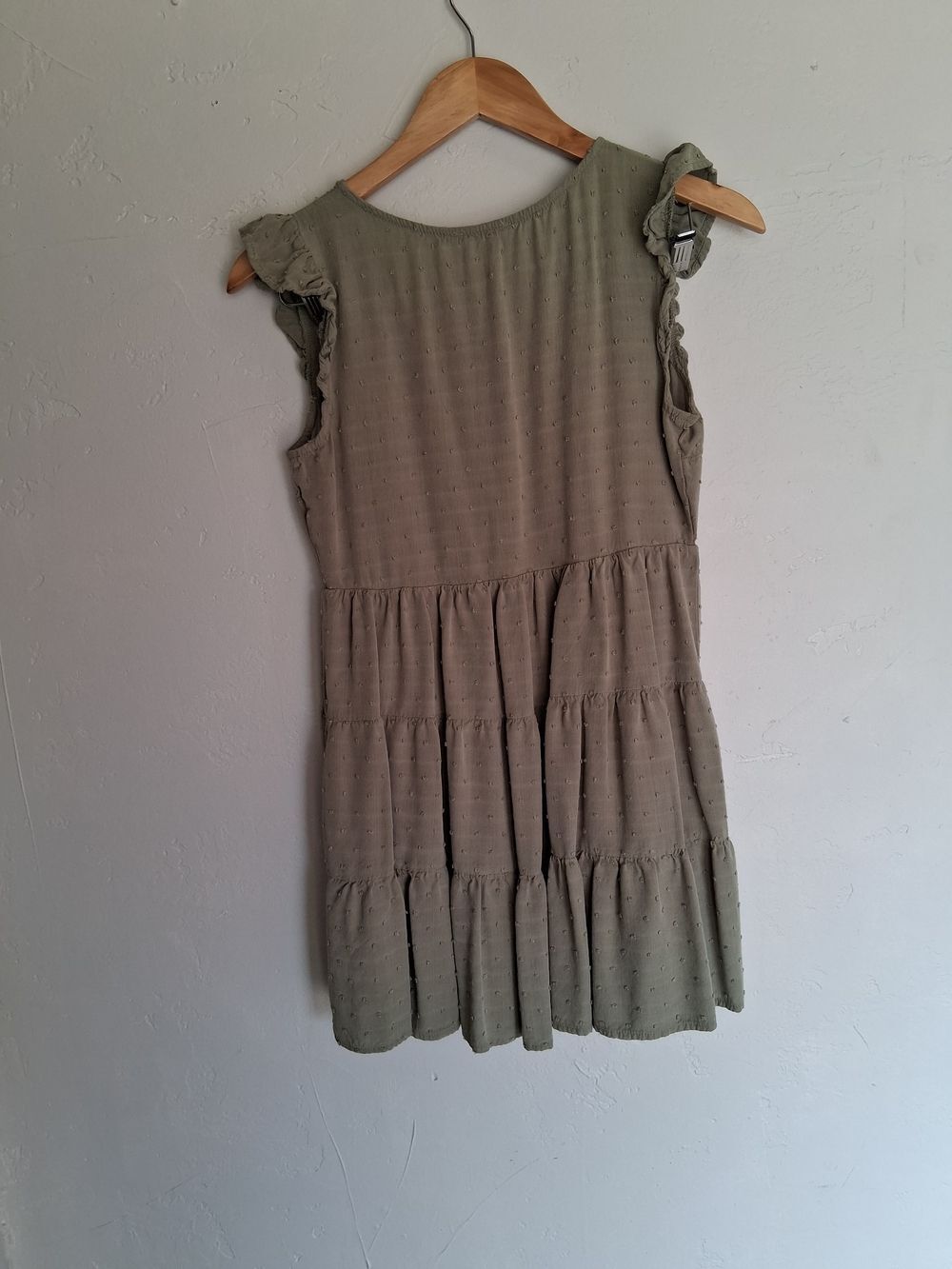 E&M Sage Green Swiss Dot Tiered Babydoll Dress Small Boho Cottagecore Rayon - Picture 8 of 8